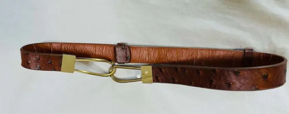 Vintage Brown Ostrich Embossed Leather Belt Gold Statement Buckle Western Boho